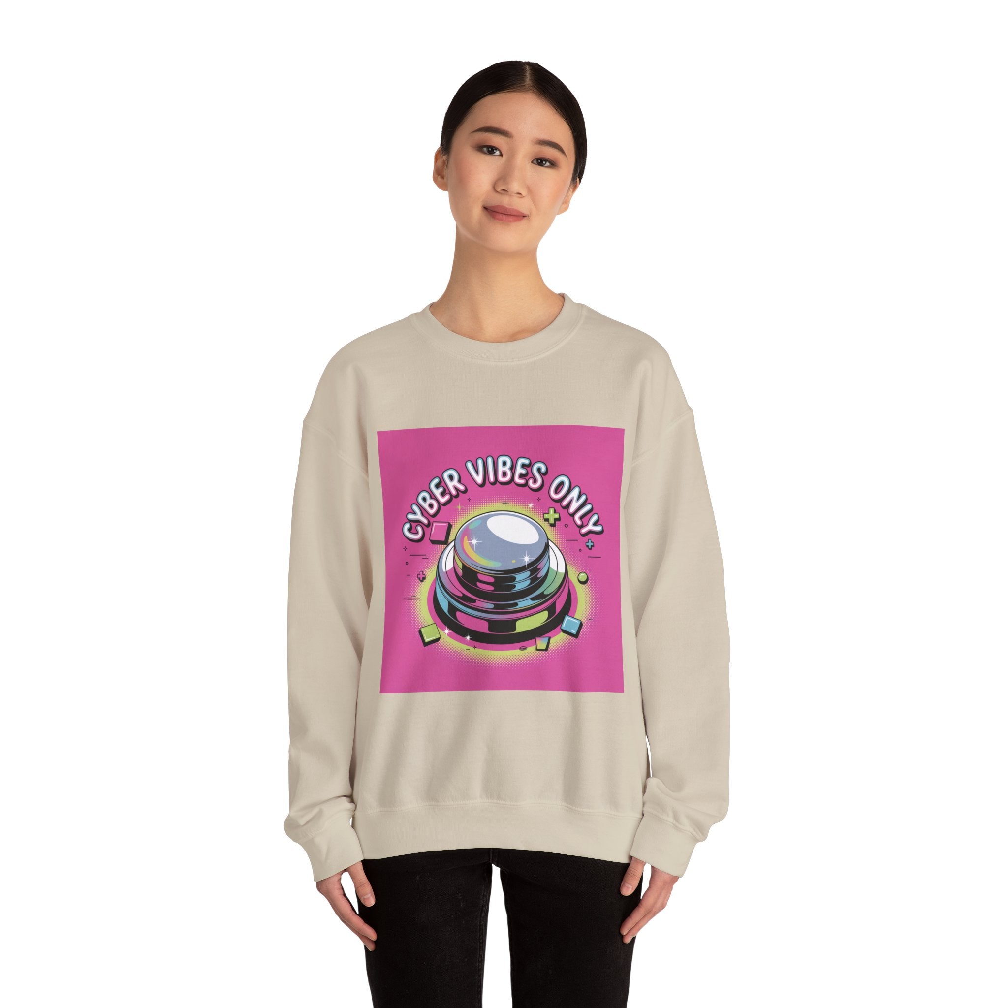 Cyber Vibes Only Crewneck Sweatshirt | Y2K cyber holo aesthetic, chrome text
