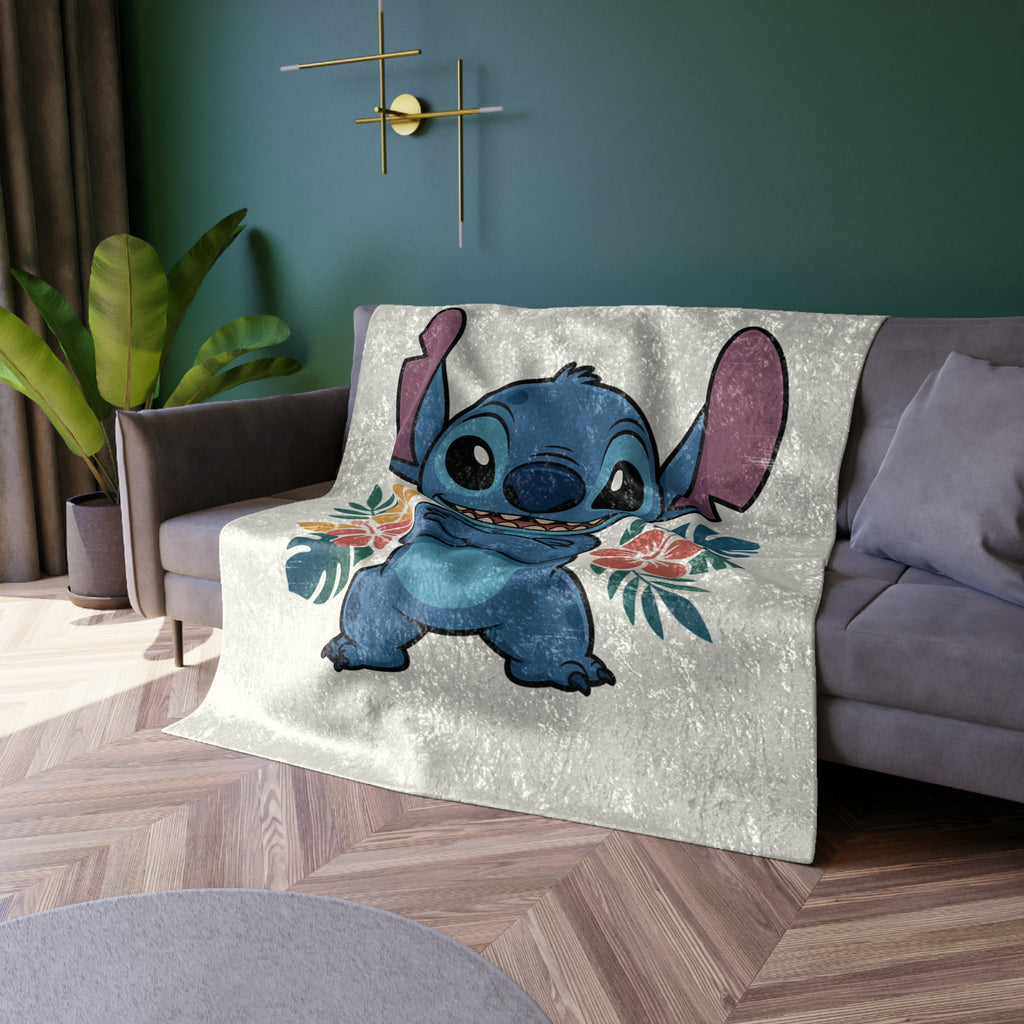 Crushed Velvet Blanket — Cute Stitch Character Floral Throw Blanket