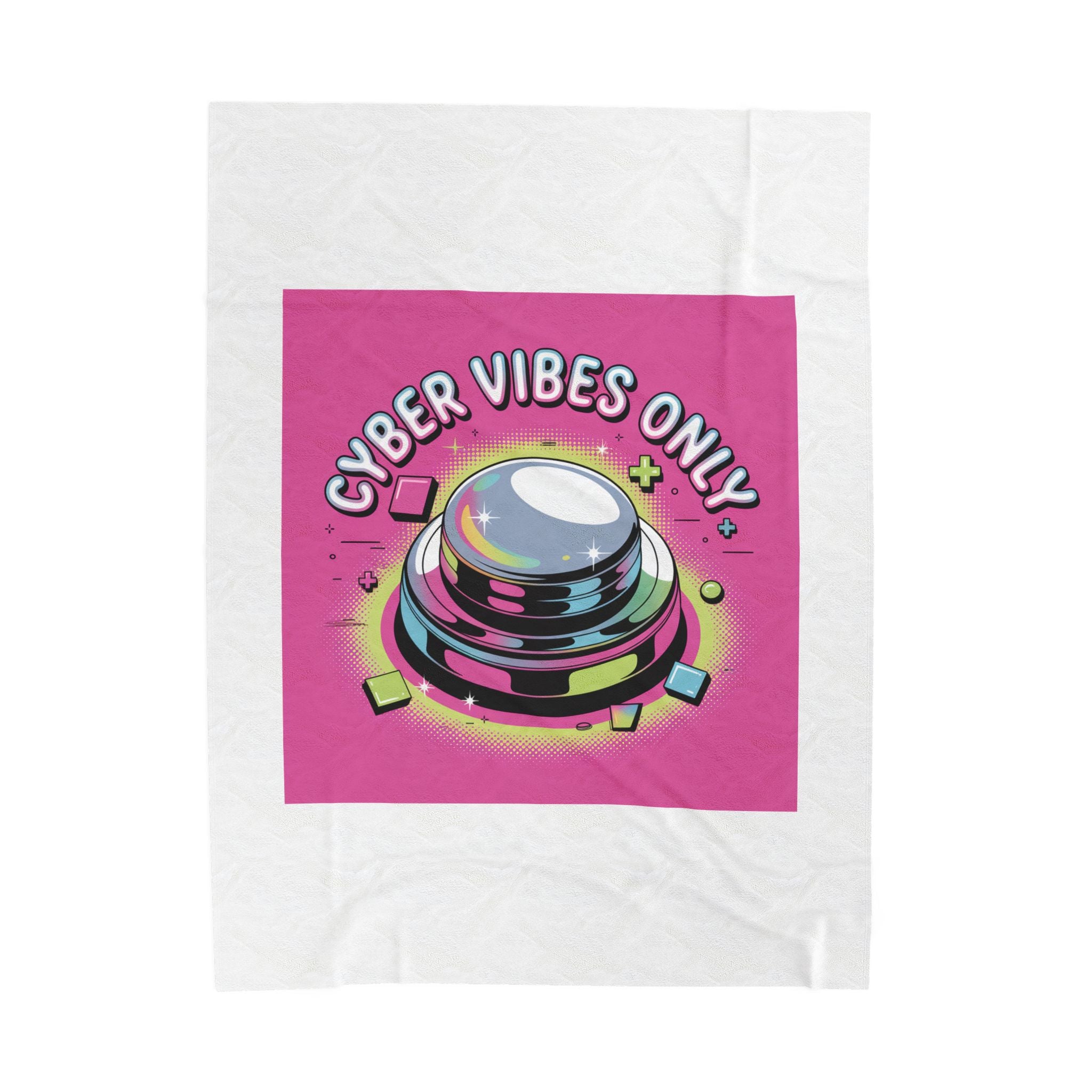 Cyber Vibes Only Plush Blanket | Y2K Cyber Holo, Retro Tech Chrome Text