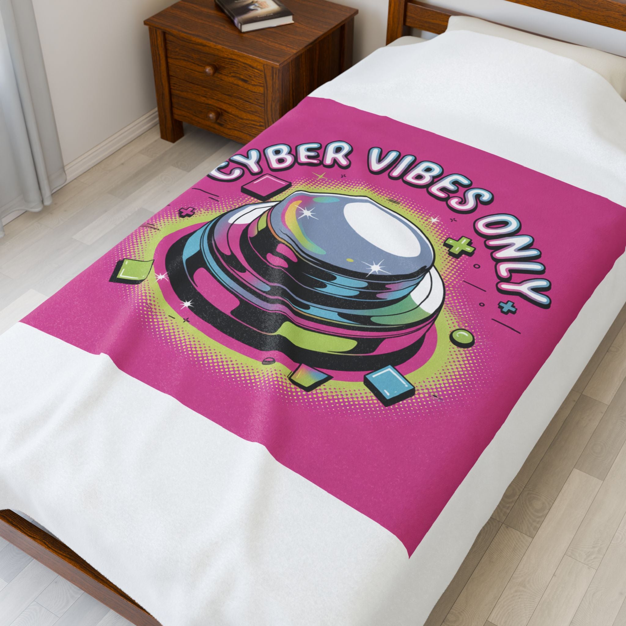 Cyber Vibes Only Plush Blanket | Y2K Cyber Holo, Retro Tech Chrome Text