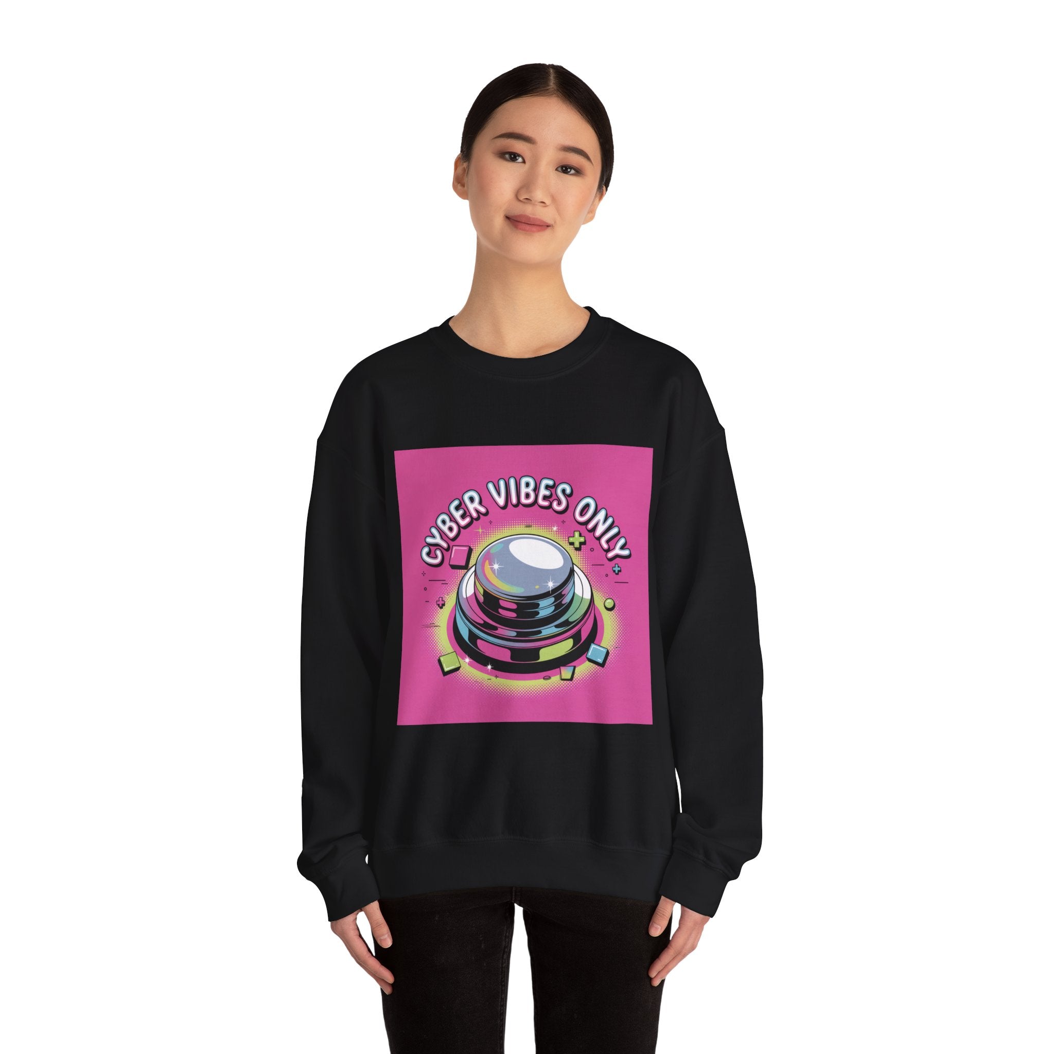 Cyber Vibes Only Crewneck Sweatshirt | Y2K cyber holo aesthetic, chrome text