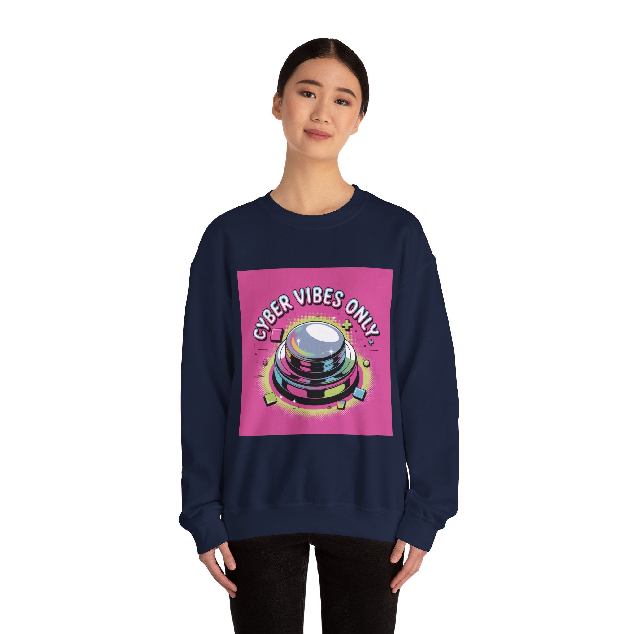 Cyber Vibes Only Crewneck Sweatshirt | Y2K cyber holo aesthetic, chrome text