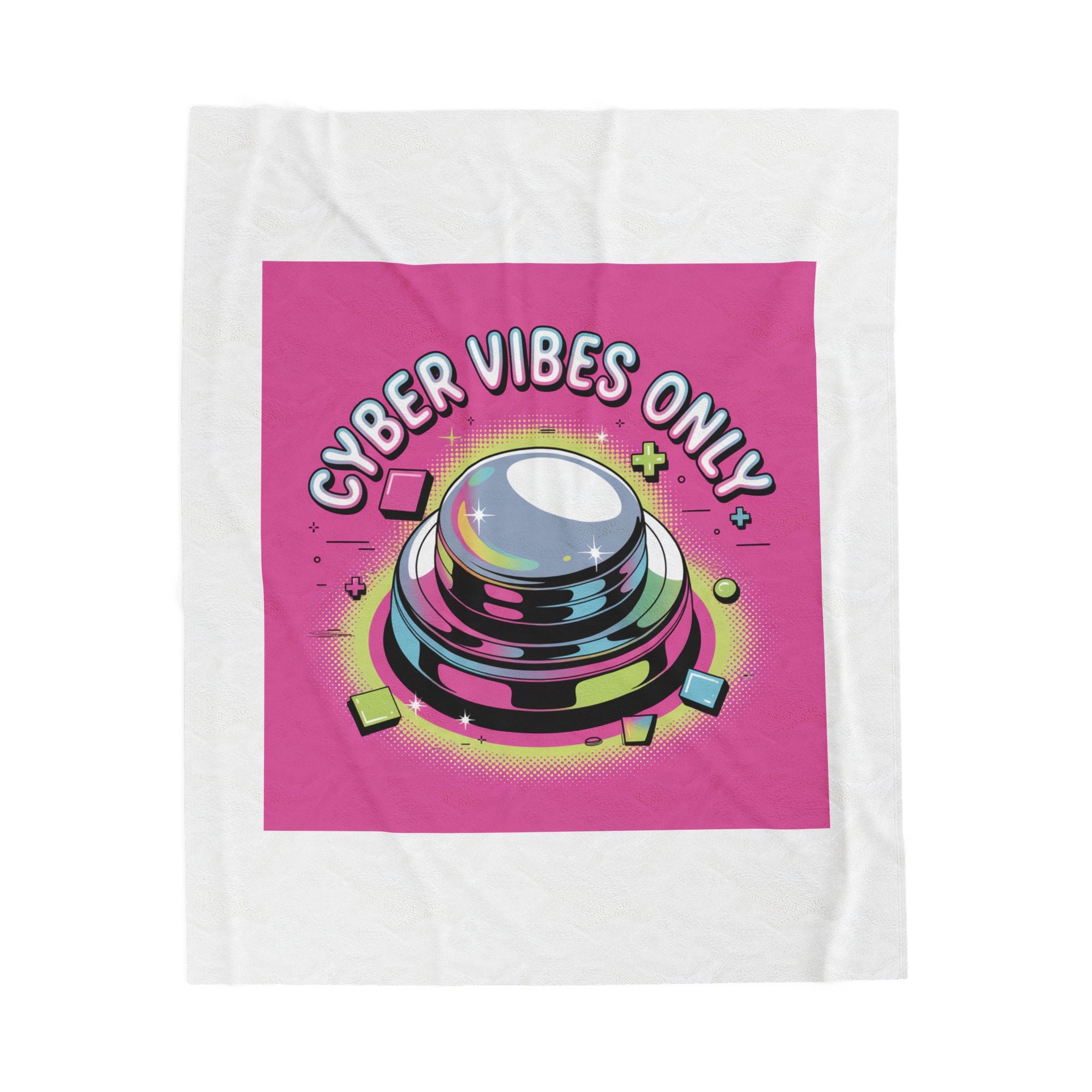 Cyber Vibes Only Plush Blanket | Y2K Cyber Holo, Retro Tech Chrome Text