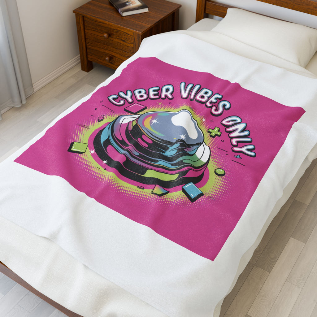 Cyber Vibes Only Plush Blanket | Y2K Cyber Holo, Retro Tech Chrome Text
