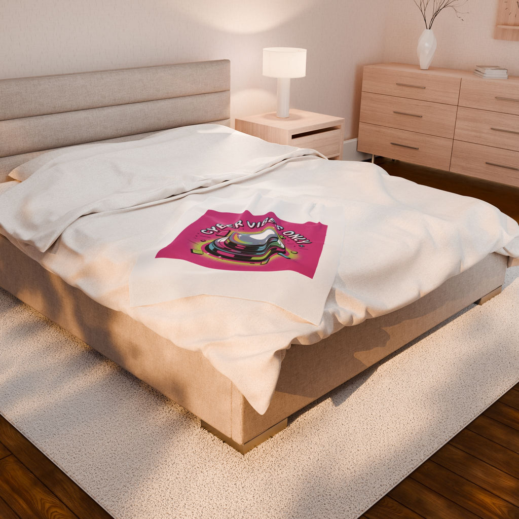 Cyber Vibes Only Plush Blanket | Y2K Cyber Holo, Retro Tech Chrome Text