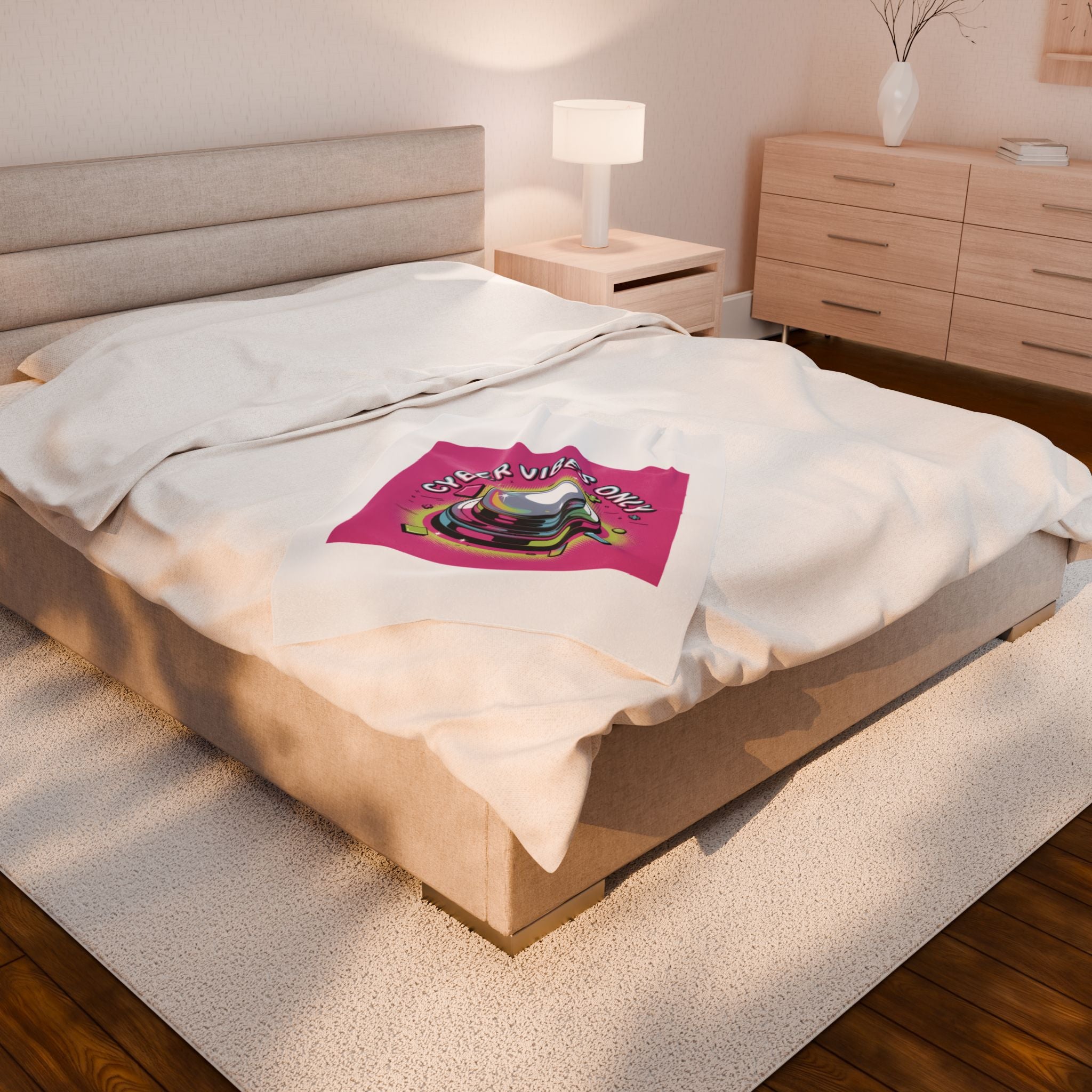 Cyber Vibes Only Plush Blanket | Y2K Cyber Holo, Retro Tech Chrome Text