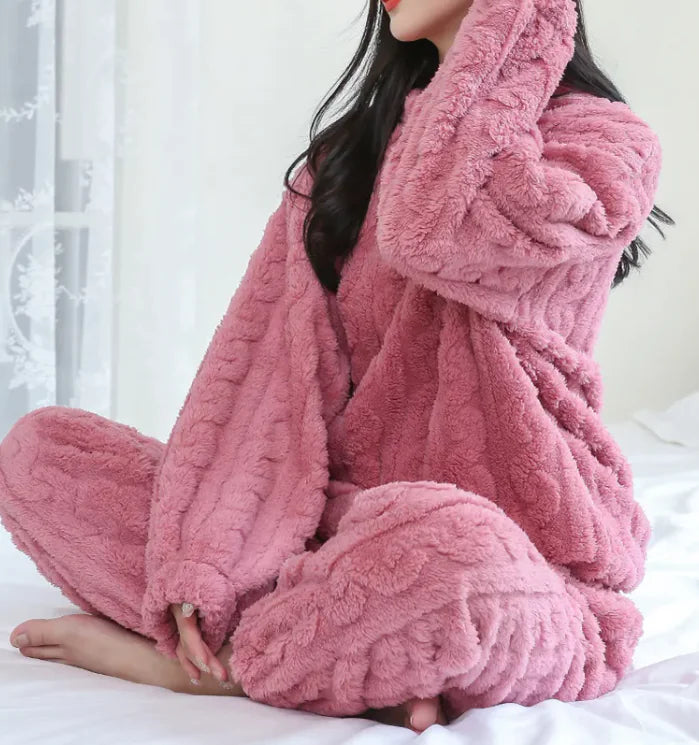 Winter Pajamas Sets Homewear Solid Color Loose Thickened Coral Velvet Pullover Long Sleeves And Trousers Warm Pajamas Indoor Outdoor Casual Clothes
